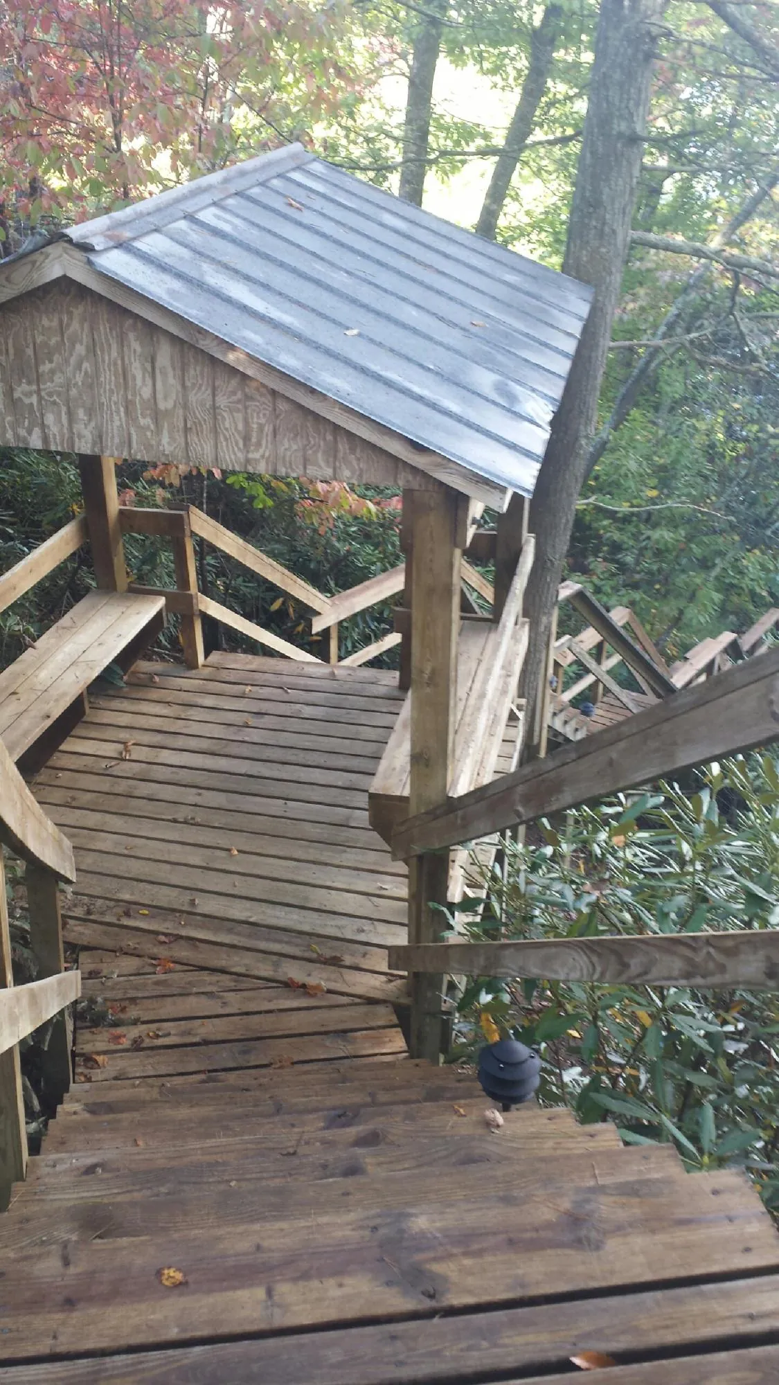 Metal roofed shelter over wooden steps on a wooded walkway — Skylight Repair & Installation work by our crew in Waynesburg